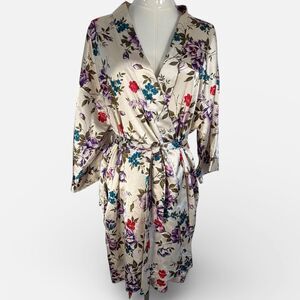 Vintage Dentelle Satin Floral Kimono Robe Women Tie Waist Cream M